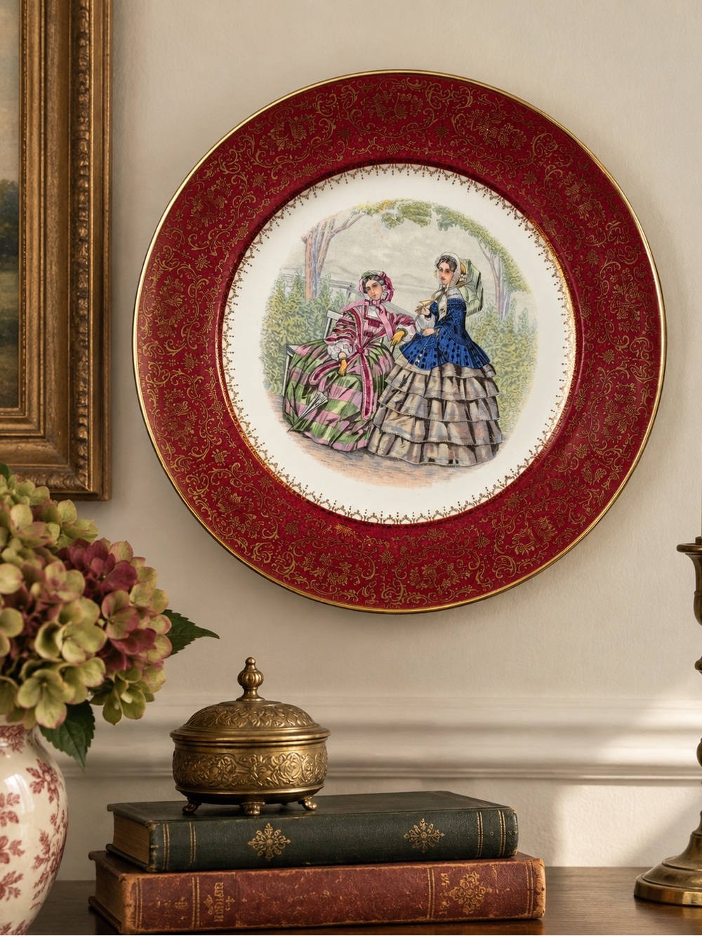 Decorative Red Accent Wall Plate with Victorian Scene